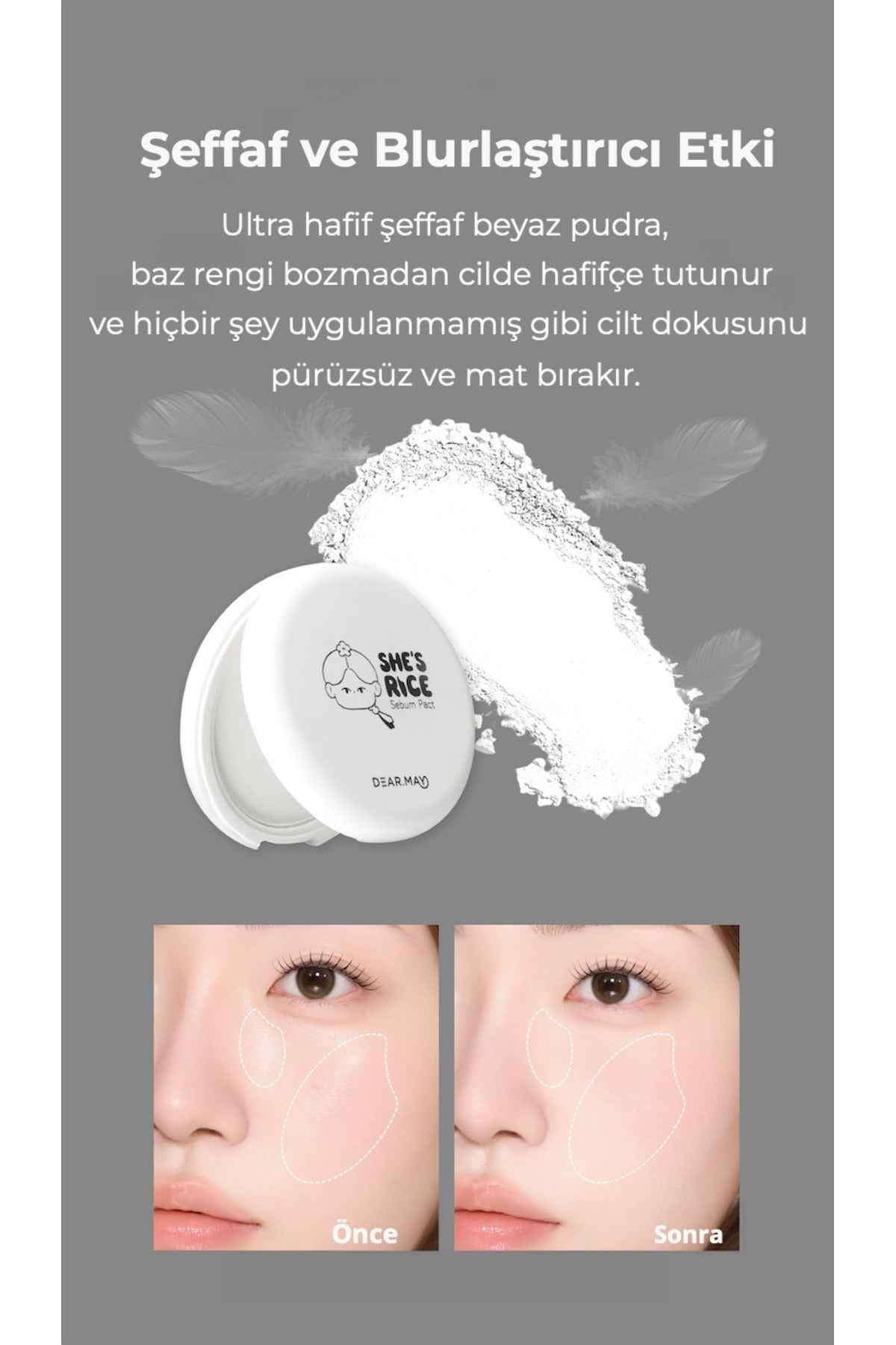 DEAR.MAY She's Rice Sebum Pact Clear White - Pirinç Özlü Mat Görünümlü Sabitleyici Transparan Kompakt Pudra 12g - Clear White