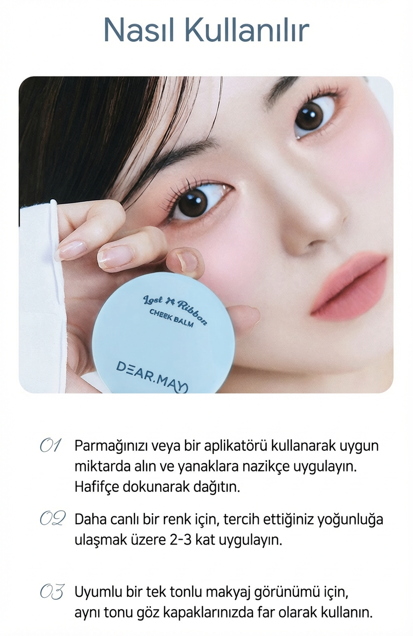 DEAR.MAY LR07 Just Peachy krem allık, su bazlı nemli formül, yanakta doğal pembe renk ve yumuşak dokuyla uygulanıyor.