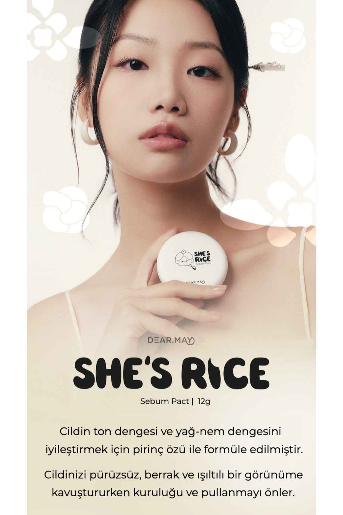 DEAR.MAY She's Rice Sebum Pact Clear White - Pirinç Özlü Mat Görünümlü Sabitleyici Transparan Kompakt Pudra 12g - Clear White