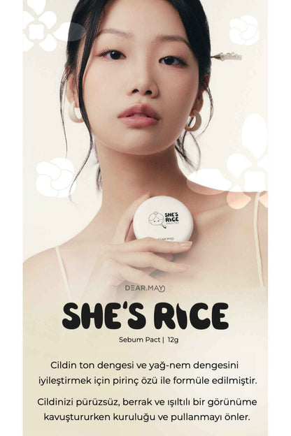 DEAR.MAY She's Rice Sebum Pact Clear White - Pirinç Özlü Mat Görünümlü Sabitleyici Transparan Kompakt Pudra 12g - Clear White