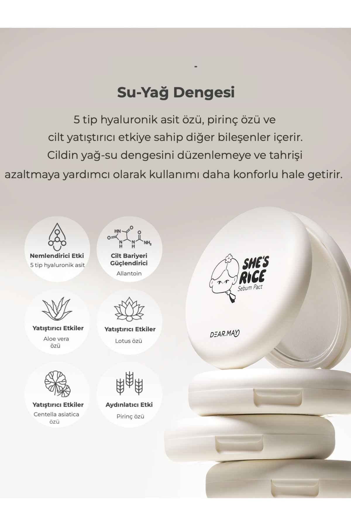 DEAR.MAY She's Rice Sebum Pact Clear White - Pirinç Özlü Mat Görünümlü Sabitleyici Transparan Kompakt Pudra 12g - Clear White