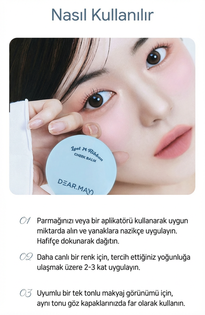 DEAR.MAY LR07 Just Peachy krem allık, su bazlı nemli formül, yanakta doğal pembe renk ve yumuşak dokuyla uygulanıyor.