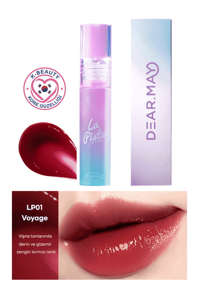 DEAR.MAY La Piste Lip Tint LP01 Voyage, uzun süre kalıcı ve parlak ruj, 4.1g, dudaklarda canlı renk ve ışıltı.