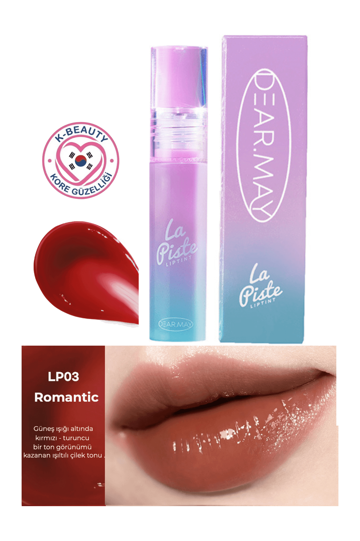DEAR.MAY La Piste Lip Tint LP03 Romantic, parlak ve uzun süre kalıcı lip ruju, 4.1g, canlı ve romantik renk.