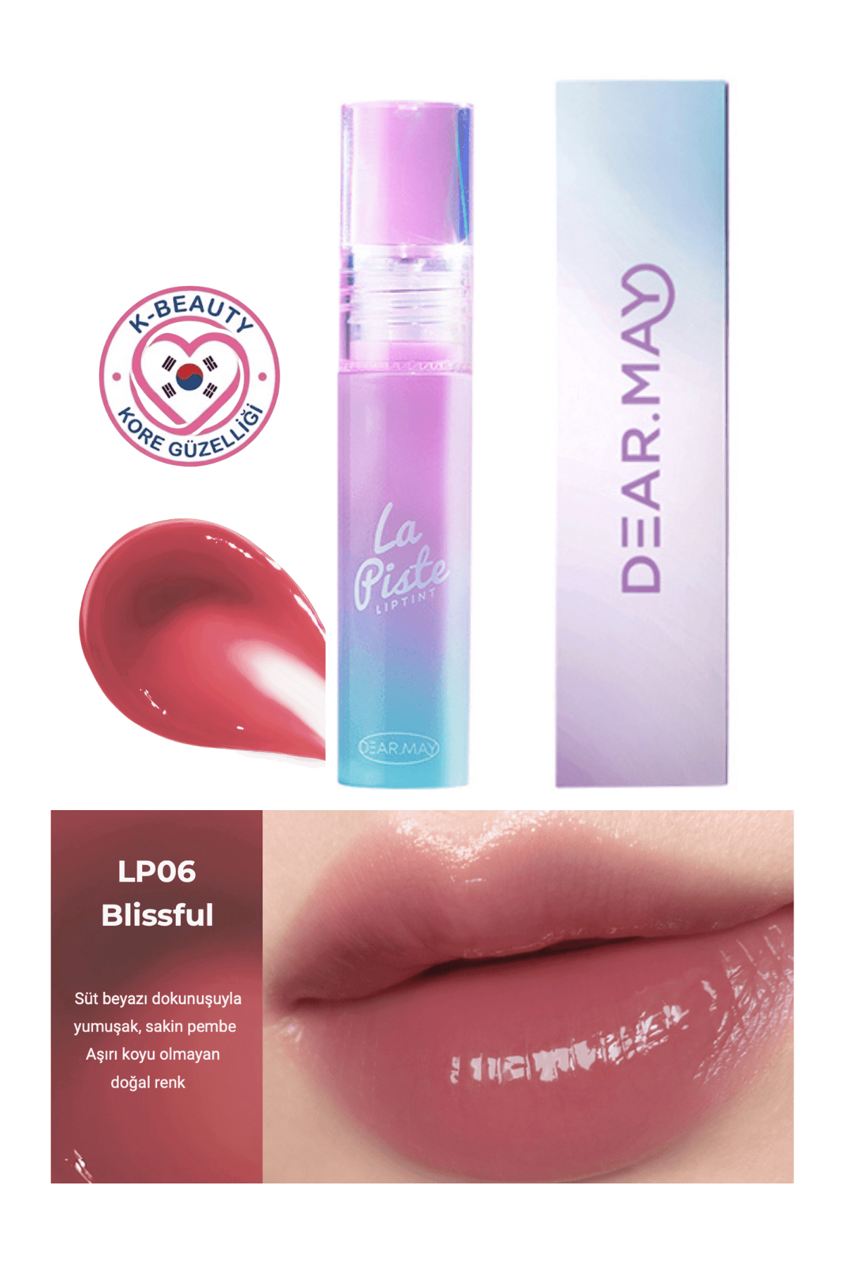 DEAR.MAY La Piste Lip Tint LP06 Blissful, 4.1g, uzun süre kalıcı ve parlak ruj, dudaklara doğal renk ve parlaklık sağlar.