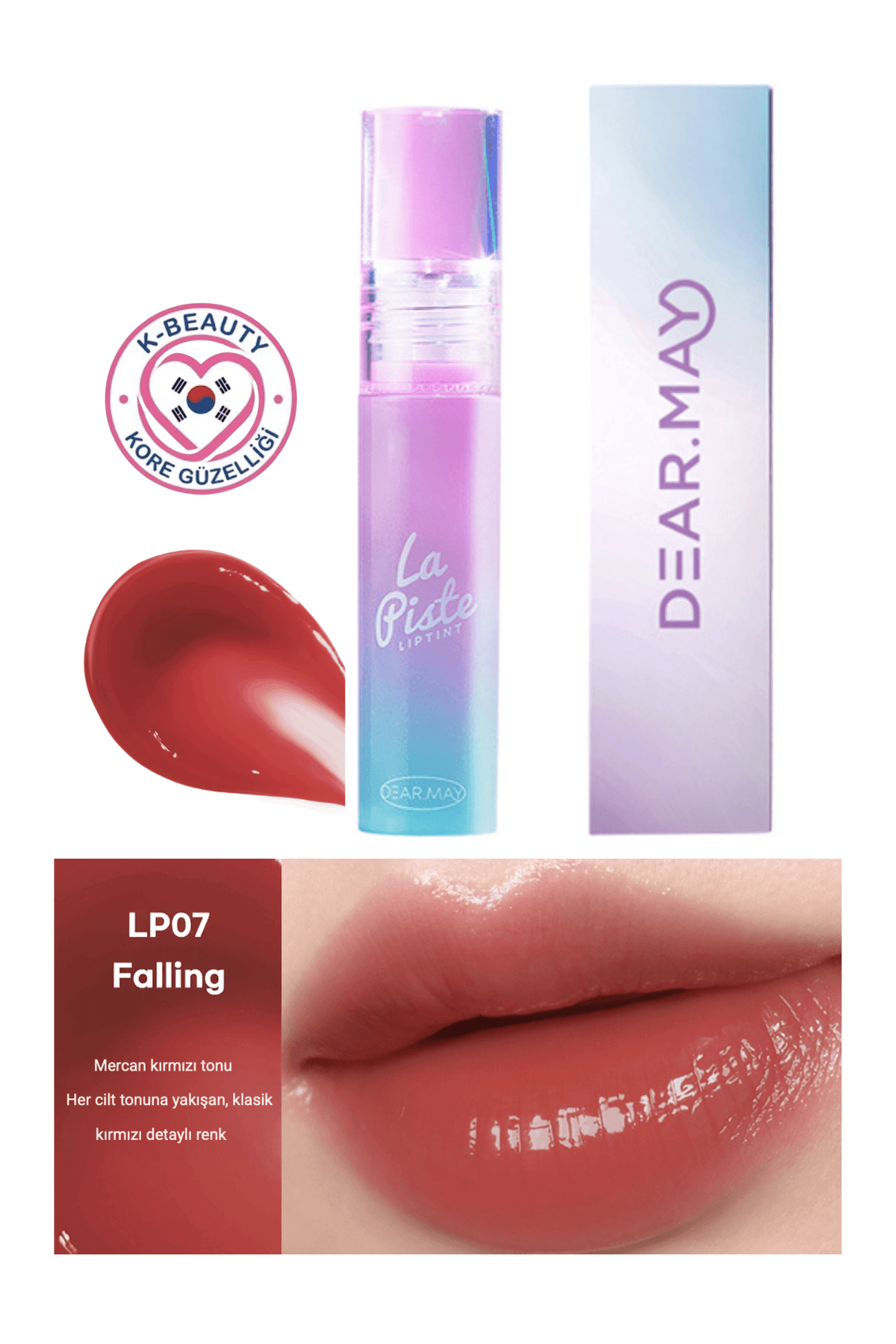 DEAR.MAY La Piste Lip Tint LP07 Falling uzun süre kalıcı ve parlak dudak ruju, 4.1g, doğal görünüm ve parlaklık sağlar.